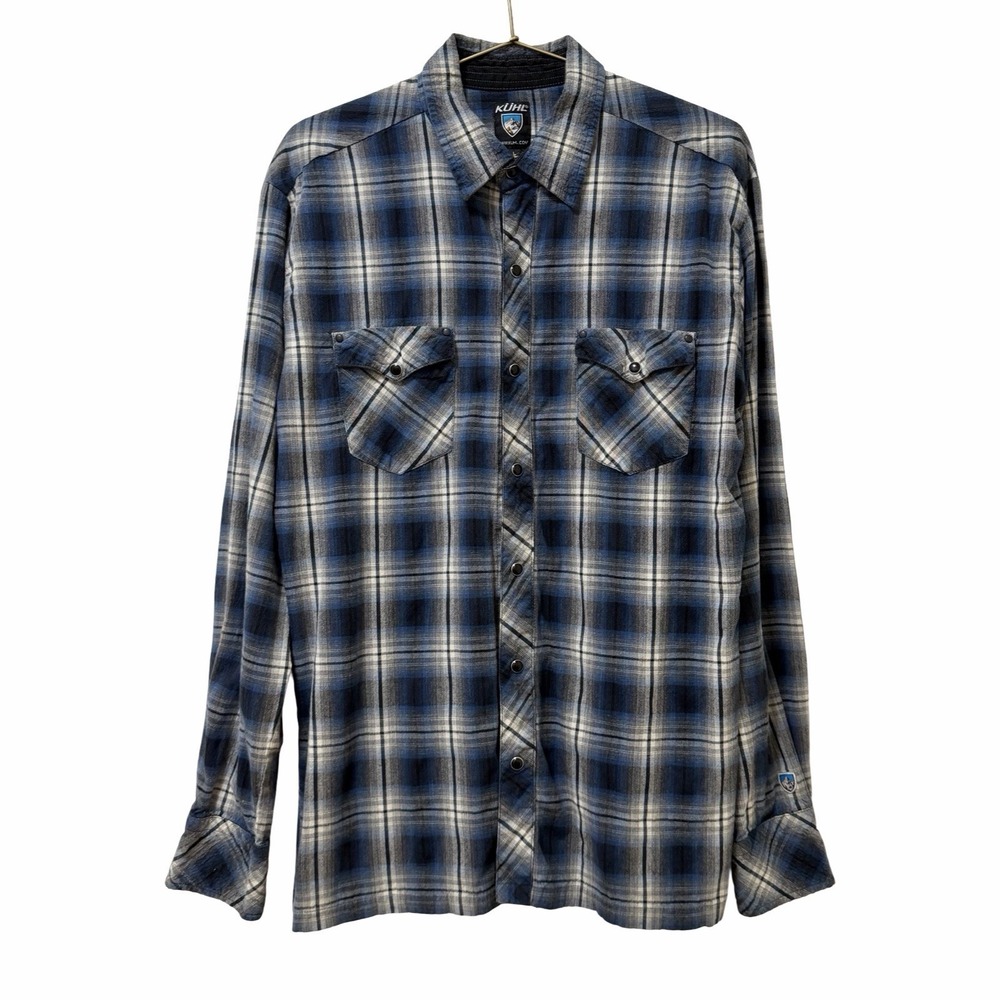 KUHL Mens Plaid Pearl Snap Flannel Button Up Shirt Size L Blue Western Outdoors
